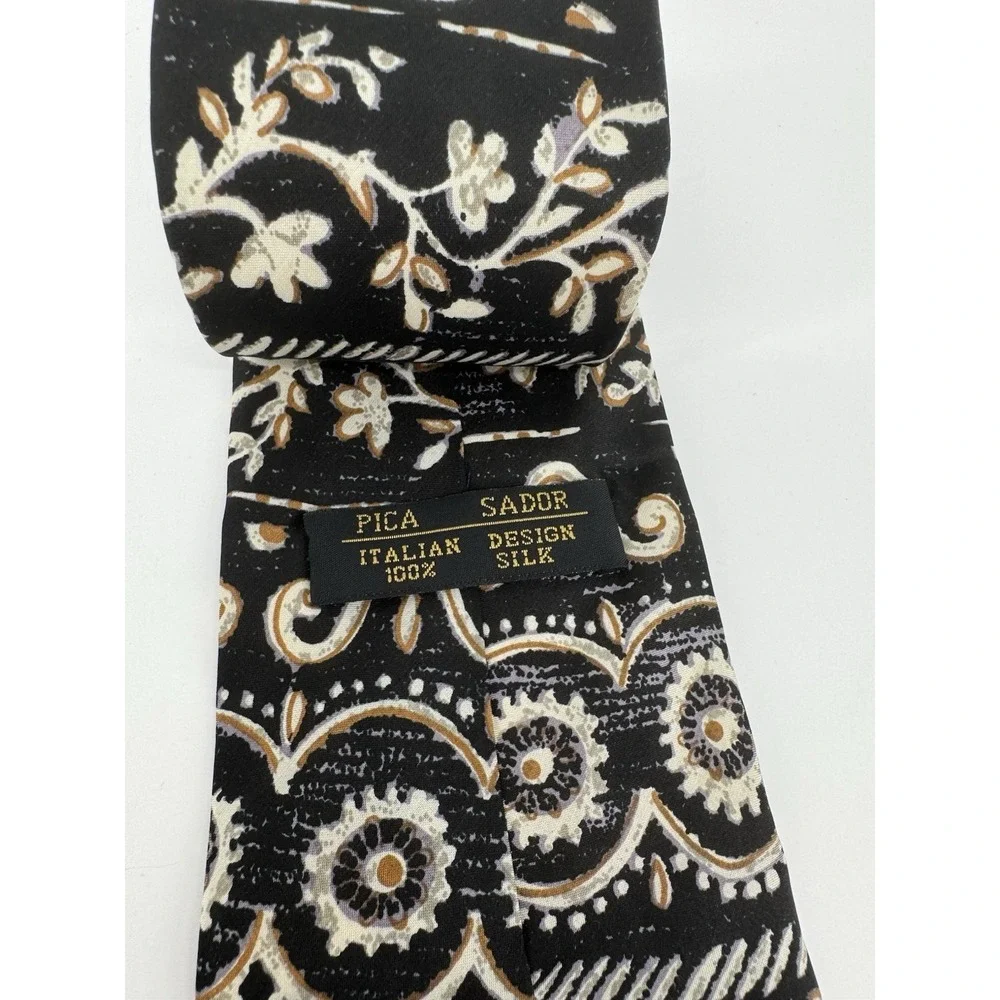 Vintage Pica Sador Italian Silk Tie Black Floral Paisley Necktie Wide Retro Mod